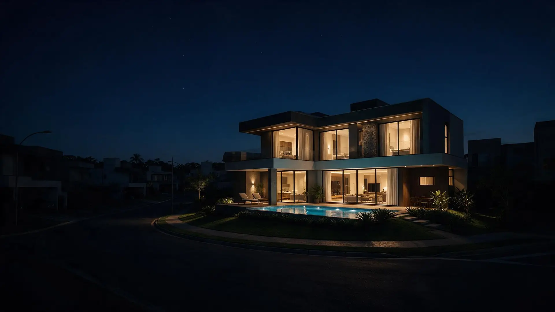 Casa iluminada à noite em um bairro com a energia cortada