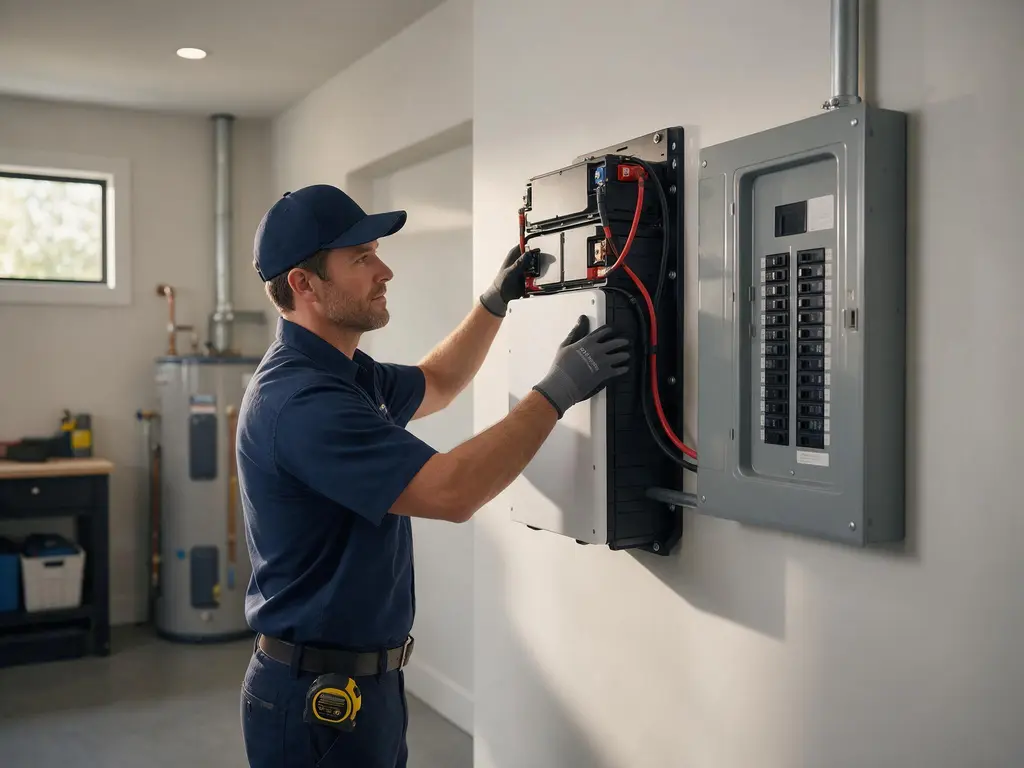Eletricista instalando o sistema de bateria ao lado do quadro de energia