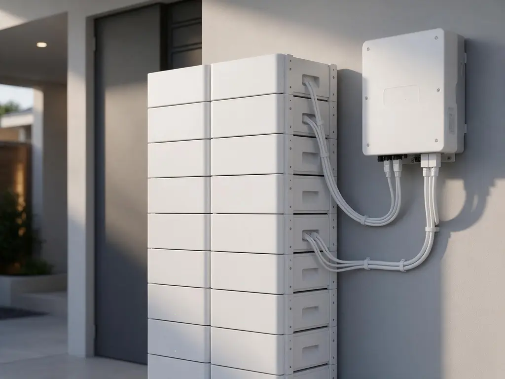 Baterias de lítio e inversor instalados na parede de uma casa